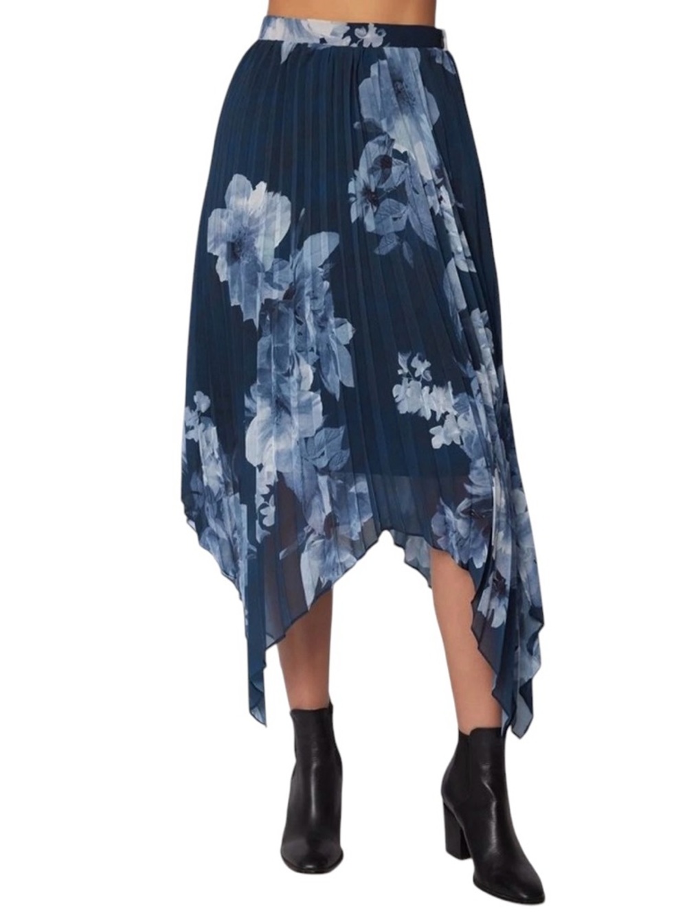 Lost + Wander Navy Blue Floral Pleated Asymmetrical Skirt